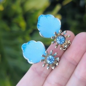 6/$60 unique blue floral leaf rhinestone  painted clip on earrings